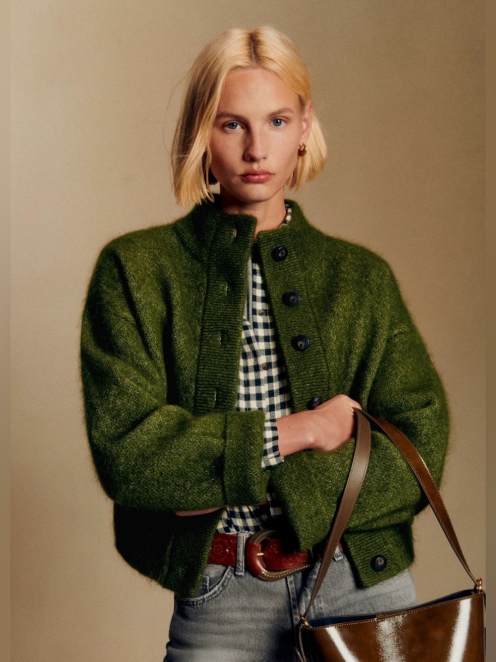 Sézane, Olive Green Wool-Blend Boxy Thais Jacket